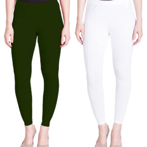 White and Green Ankle Length Leggings Combo Pack